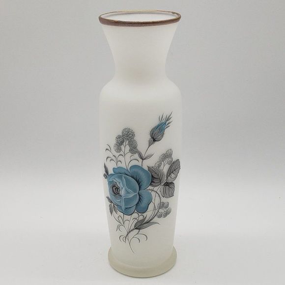 Norleans Other - Norleans Vintage Satin Milk Glass Blue Roses Grey Leaves Gold Gilt Vase